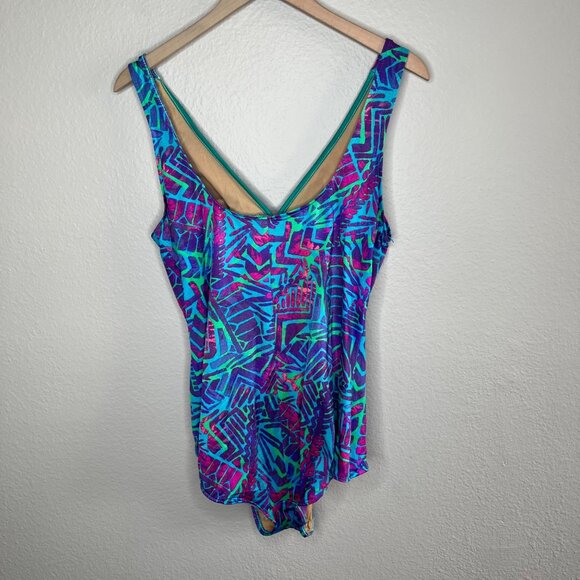 Vintage Maxine Of Hollywood One-Piece Blue Geometric V-Neck Swimsuit - Picture 7 of 9